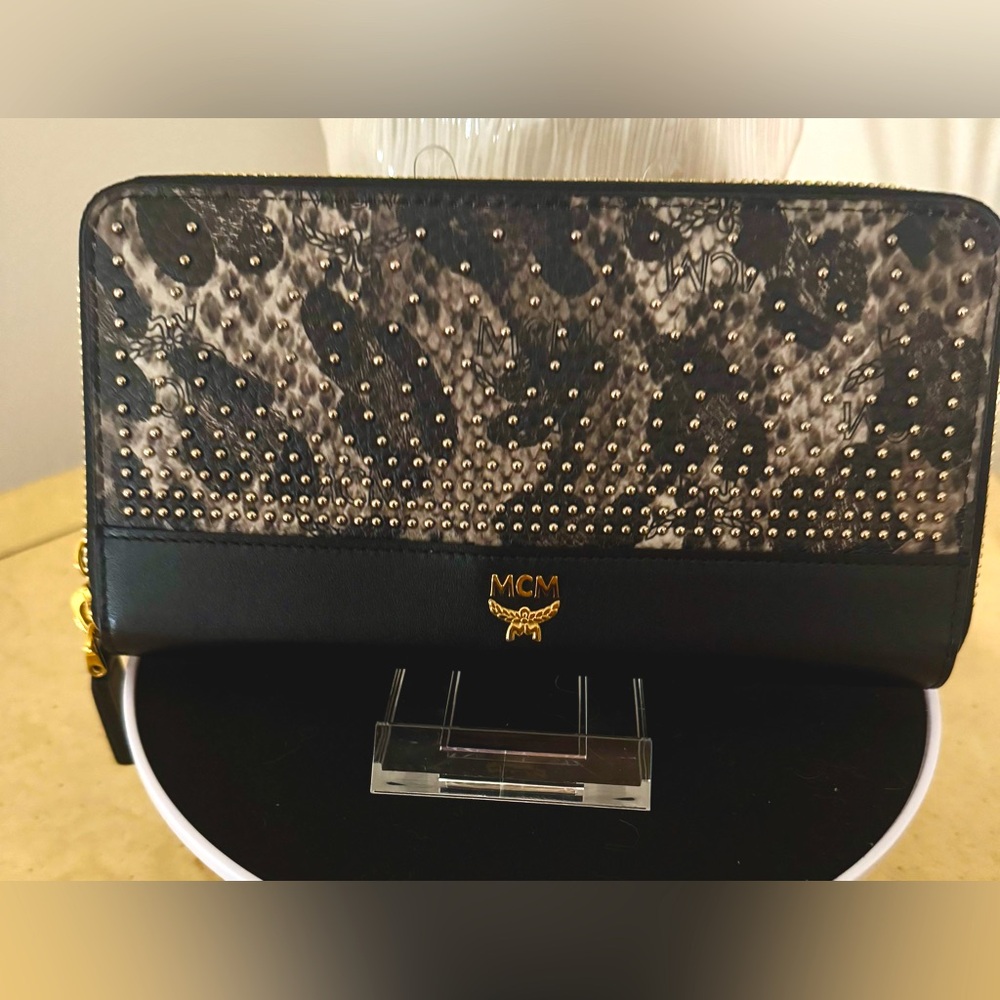 MCM Studded Black and Gold Wallet w/Wrist Strap